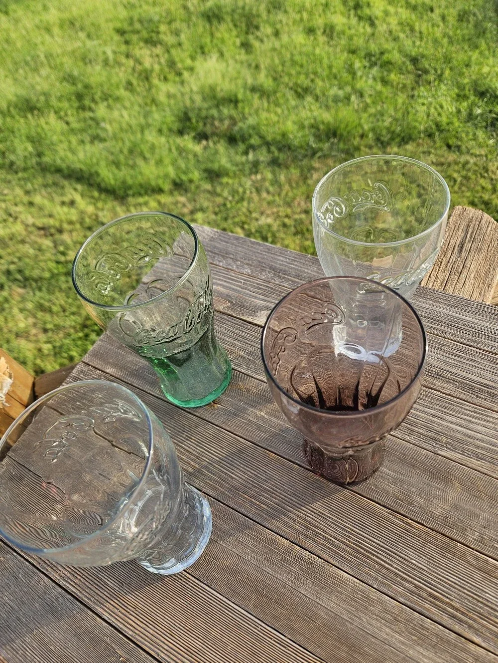 Coca Cola Green, Light Blue, Clear and Purple Embossed Glass Tumblers - Set of 4